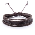 Men's dark brown multilayer braided leather bracelet with adjustable cord closure - 3 Round Strips 5 Threads / Coffee