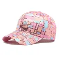 Pink and blue sequin checkered baseball cap with a sparkling curved brim design - Adjustable / Pink