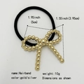 Detail showing dimensions of the gold beaded bow hairband with elastic black rope - Beaded Bow / Gold