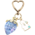 Detailed view of strawberry heart keychain with blue crystals and white enamel rabbit charm - Blue 1