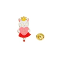 Cute white cat enamel pin holding a pink Love You heart with a gold butterfly clutch back - Crown Pink Skirt Cat (CZ0792-2)