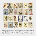 Vintage vogel en bloemen postzegel stickers set 48 stuks in antieke handgetekende stijl - Vogels & Bloemen (48 Stuks)