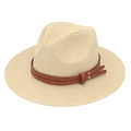 Straw Panama hat with double brown leather band and studs, breathable summer beach sun hat - Beige