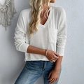 Women's white V-neck waffle knit long sleeve top with chest pocket in loose fit - S / White
