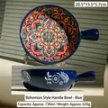 Bohemian ceramic handle bowl with blue mandala patterns, 730ml capacity for soup or salad - Bohemian Bowl with Handle / Blue