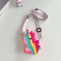 Close-up of rainbow unicorn silicone crossbody bag with adjustable printed strap for kids - Pink Multi