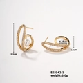 Detail view of gold pearl earrings with zircon inlay showing dimensions 2.2cm by 0.8cm - E03542-1 Spiral Streamline