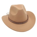 Detail of camel wool cowboy hat with studded rhinestone band and classic wide brim - One Size / Camel