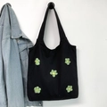 Borsa tote minimalista in tela nera con decorazioni floreali all'uncinetto verdi - Nero