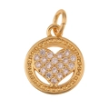 Close-up of golden round pendant with sparkling heart-shaped gemstone pavé setting - Pavé Heart Round Disc (P09-3)