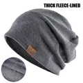 Grey knitted beanie with brown leather FS patch and thick warm fleece lining for winter - Fleece Lined Style / Dark Gray