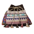 Ethnic embroidered canvas bucket bag in dark brown with colorful tassels and woven strap - Coffee