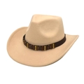 Classic beige felt cowboy hat with rolled brim and beaded decorative band for men and women - M (56-58cm) / Beige