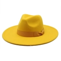 Detail of a bright yellow wool fedora hat featuring a matching ribbon and bow decoration - M(56-58cm) / Yellow