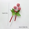38cm Christmas candy cane pick with red white foam balls, green leaves and bells - Bell And Ball Pick