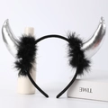 Detail of silver devil horn headband with black feather trim for Halloween party cosplay - Metallic Silver Horns + Black Feather + Black Headband