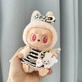 Pink plush doll pendant with silver star clip and nico striped shirt for Labubu figure - Beach Striped Skirt Set / First And Second Generation Keychains Are Compatible With La Cloth Dolls. Dolls Not Included.
