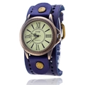 Detailed studio shot of punk vintage purple leather strap watch with bronze Roman dial - Dark Blue