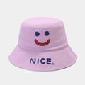 Close-up of lavender cotton bucket hat with blue smiley face and NICE text detail - M (56-58cm) / Purple