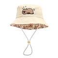 Kids beige cotton bucket hat with cute cartoon capybara embroidery and windproof rope - 50cm (1-3 Years) / Beige Capybara
