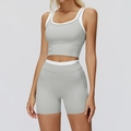 Two-piece light grey yoga set with white contrast trim and high-waisted shorts - S / Top And Bottom (Tank Top + Shorts) / Clay Grey