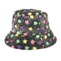 Chapeau bob d'hiver en peluche gris foncé avec motifs d'étoiles colorées et fausse fourrure - M (56-58cm) / Noir Avec des Étoiles Colorées