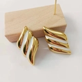 18K gold plated geometric wing earrings with white enamel and wavy texture patterns - Gold with White