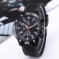 Men's sporty black quartz watch with silicone strap and white stitching on white background - White