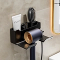 Matte black wall-mounted hair dryer holder with storage cup and cable hook - Medium (809) / Classic Black