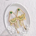 Macro detail of vintage gold earrings with green malachite inlay and leaf charms - Dark Green (E712)