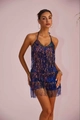 Blue iridescent sequin fringe halter romper dress for women with sparkling finish - Iridescent Royal Blue