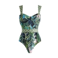 Vista manichino invisibile di costume intero a stampa tropicale con cintura e coppe - S / Costume intero