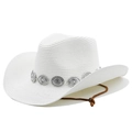 White straw cowboy hat with silver concho band and chin strap on white background - M (56-58cm) / Pure White
