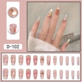 Pink French press-on nails set with glitter hearts, gold edges and 3D gems D-102 - French Heart Rhinestone Style (D-102) / 24 Pcs/Set