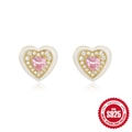 S925 sterling silver heart earrings with white enamel and pink crystal stone - Gold White Enamel Heart with Pink Zircon