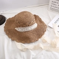 Women's natural straw sun hat with wide wavy brim and elegant white lace ribbon tie - One Size / Scalloped Hollow Lace Ribbon - Khaki