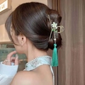 Pince à cheveux serpent dorée avec fleur blanche, pompon vert et perles élégantes - P645 Fleur Style Chinois à Pompons