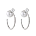 Elegant silver-tone C-shape hoop earrings with oversized white pearls and micro-rhinestones - Size-Graded Artificial Pearl Rhinestone Hoop Style (K-793) / Silver