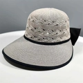 Chic beige straw sun hat featuring a stylish black bow and breathable openwork weave design - One Size / Light Gray