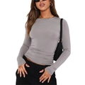 Slim fit long sleeve grey crewneck t-shirt for women in soft stretch knit fabric - S / Tops / Light Gray