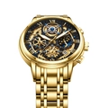 Men's skeleton mechanical watch featuring a gold steel case and black roman dial - Gold