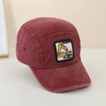 Detail of burgundy wash cotton baseball cap featuring an excavator embroidery patch - 52cm (Recommended 2-6 Years) / Burgundy