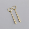 Close-up of golden rectangular bar pendant earrings with sleek circular hoop fasteners - Long Bar Earrings (S-E1491) / Gold