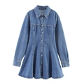 Robe mini en jean bleu pour femme avec manches longues, col à revers et coupe trapèze boutonnée - XS / Bleu