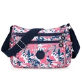 Multi-pocket nylon crossbody bag featuring pink and blue camo print with sport badge - Pink Camouflage Shadow