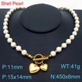 French style shell pearl necklace featuring golden heart charms and OT toggle clasp - Double Heart OT Buckle Shell Pearl Style (KN287677-Z)