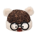 Winter leopard print kids hat with plush white ear flaps and cute cartoon bear detail - Cartoon Bear with Glasses (Coffee B) / Coffee