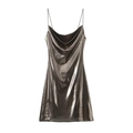 Close-up of metallic silver cowl neck mini dress with thin shoulder straps - XS / Black