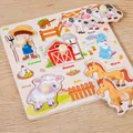 Farm theme wooden puzzle for kids featuring a cow, horse, and barn for early motor skills - Farm Square Peg Puzzle
