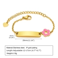Detail of adjustable gold stainless steel bracelet with pink flower and engraving plate - Style 22 Kids (Gold/Pink Flower/ID Plate)